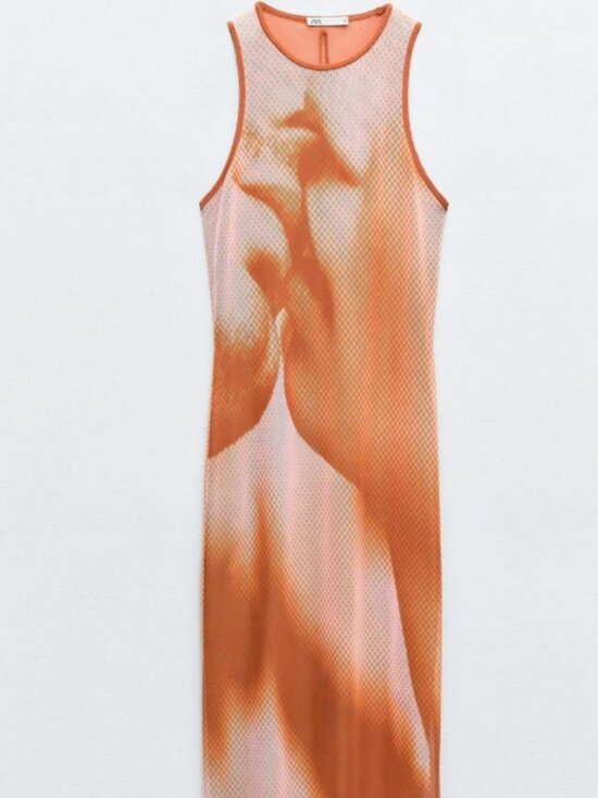 Zara Dresses & Skirts - Zara Orange Abstract Draped Printed Tulle Mesh Maxi Dress